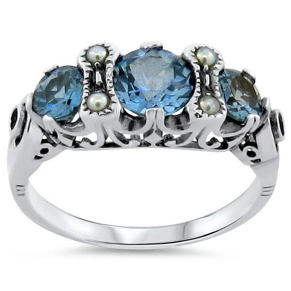 ANILLO PERLA AGUAMARINA SIMULADA PLATA ESTERLINA 925 ESTILO VICTORIANO 187Z Foto 1 de 1