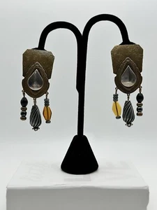 Marjorie Baer Artisan Mixed Media Dangle Clip On Earrings Vintage 2 5/8” - Picture 1 of 9