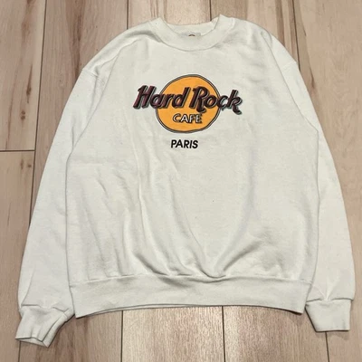 Sudadera Hard Rock Café Paris blanca vintage años 90 manchada cuello redondo para mujer talla M’s Foto 1 de 4