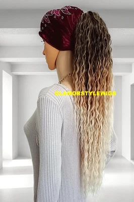 28'' HUMAN HAIR BLEND PONYTAIL CURLY LAYERED HAIR PIECE EXTENSIONS BROWN BLONDE - Image 1 of 3