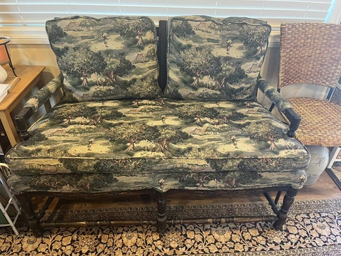 Vintage Mahogany settee With Golf Motif Tapestry Cover