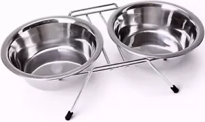 PET FEEDING BOWL STAINLESS STEEL DOUBLE DOG CAT FOOD STATION FOOD AND WATER - Picture 1 of 10