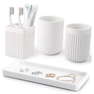 Resin Bathroom Toothbrush Holder Set, Matte Striped Resin Bath Set 4PCS White - Picture 1 of 7