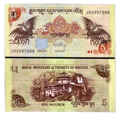 Billete de banco de dinero moneda mundial Bután 5 NGULTRUM P-28 2011 DRAGÓN UNC Foto 1 de 4