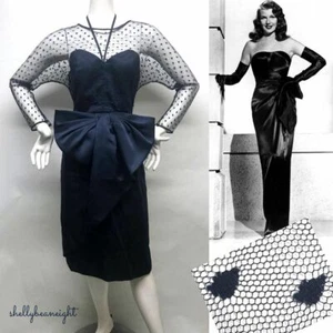 VTG VICTOR COSTA 80s Dark Navy BLUE Dress LACE Dolman Overlay BOW Gilda Look 4 6 - Picture 1 of 12