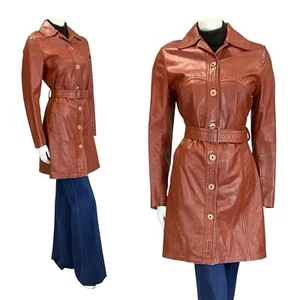 VTG 60S 70S RED BROWN MOD WESTERN YOKE BELTED LEATHER JACKET W/ POCKETS 8 - Picture 1 of 11