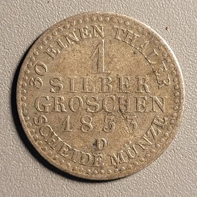 1833 D German States Prussia 1 Silbergroschen Silver Groschen Coin - Image 1 of 2