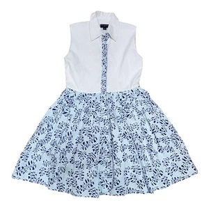 Oscar de la Renta Girls Cotton Dress Button Down Collar Blue Tropical Palm Sz 12 - Picture 1 of 8