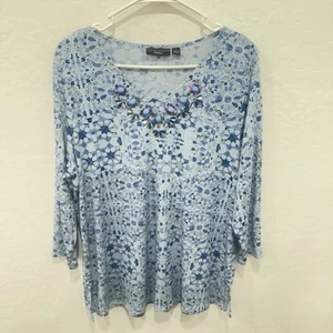 Susan Graver Blouse Womens Large Blue Geometric Floral Beaded Neckline Artsy - Picture 1 of 10