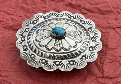 Vintage TINY Little Sterling Silver MJ Turquoise Native Hand Stamped Belt Buckle - Image 1 of 4