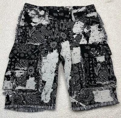 Pantalones Cortos de Jean Rebel Vengeance Cortados para Hombres 30 Negro Bolsillo de Carga Paisley Calavera Foto 1 de 4