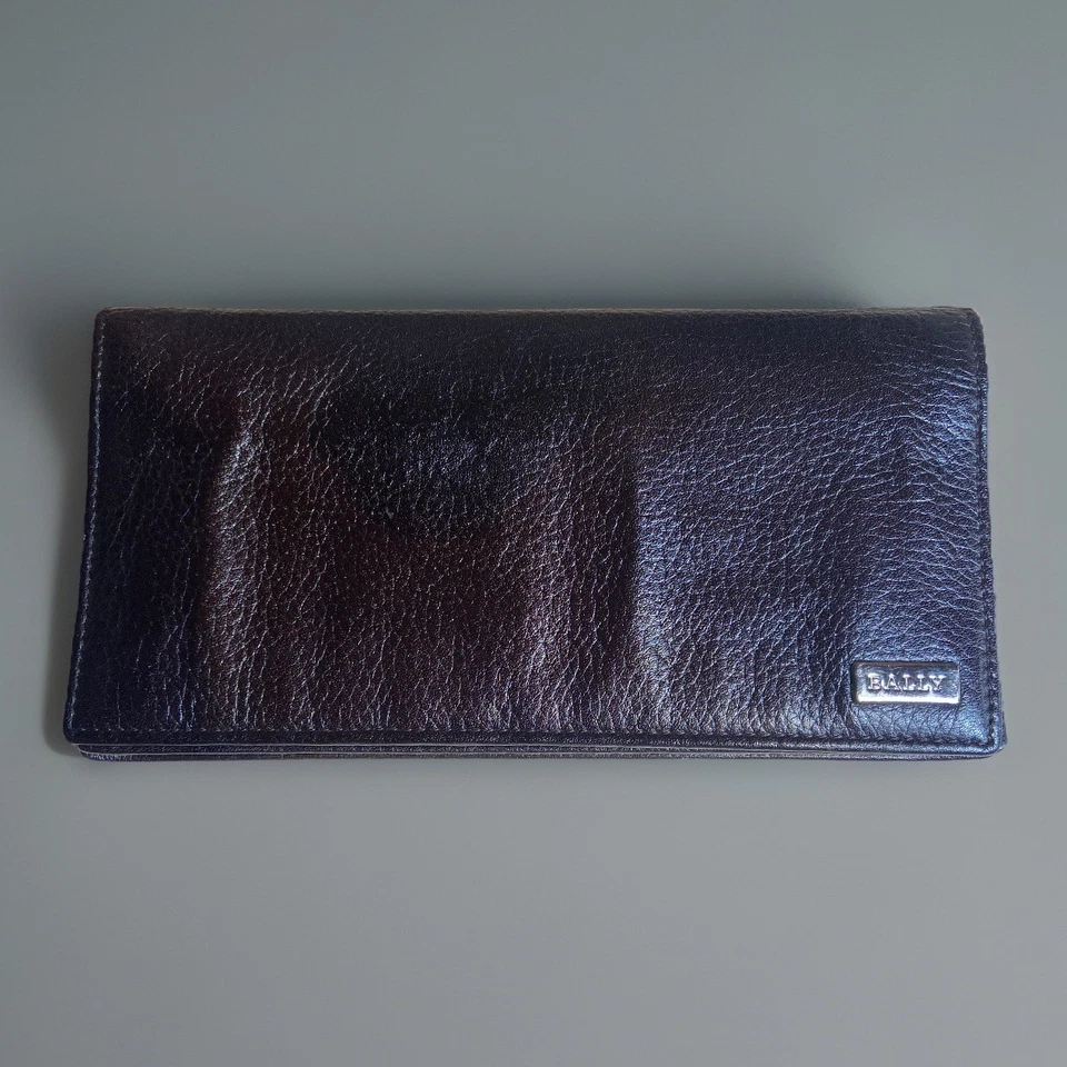 Cartera de chequera BALLY de cuero negro granulado doble pliegue largo - Aprox. 4 x 7 pulgadas Foto 1 de 4