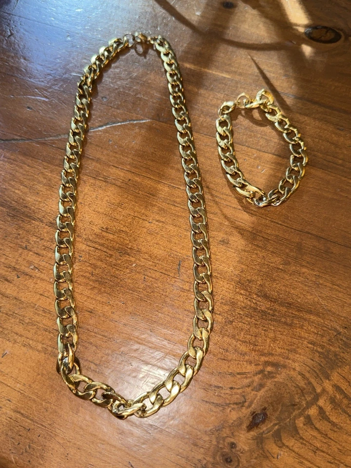 "Juego de pulsera y collar vintage cadena tono dorado cadena 23""" Foto 1 de 4
