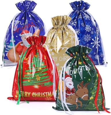 TOPEEDY 39 * 51cm Large Size Xmas Goody Gift Wrapping Bag 5ps Christmas Drawstring Bags