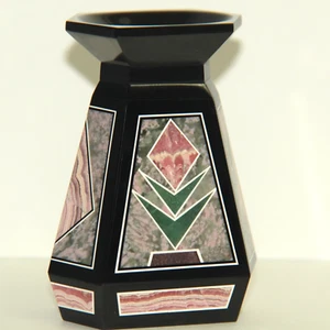 Vaso intarsiato multipietra intarsiato onice nero con rodocrosite tulite e avventurina - Foto 1 di 6