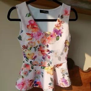 jane norman pink / multi coloured floral peplum v neck sleeveless top size 8 - Picture 1 of 8