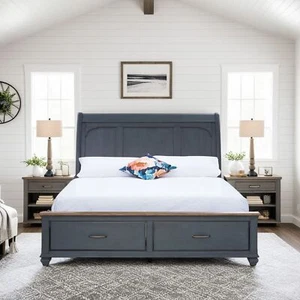 King Size Sleigh Bed, Corduroy Blue Finish - Picture 1 of 11