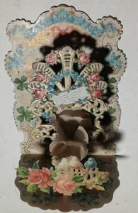 Biglietto augurale tridimensionale cromolitografia floreale con colombi 1900 H31 - Picture 1 of 3