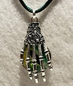 Silver Tone Skeleton Hand w/Green Glass Dragon Monster Cat Eye Necklace Jewelry - Picture 1 of 4
