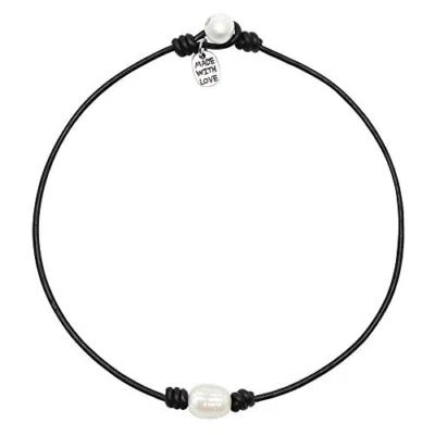 Collar gargantilla de perlas de agua dulce cultivadas individuales - cuero negro o marrón genuino Foto 1 de 4