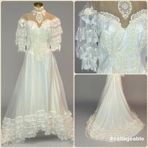 Vintage 70’s Ivory Lace Multi Tiered Wedding Dress Size 10 Union Made Excellent - Picture 1 of 23