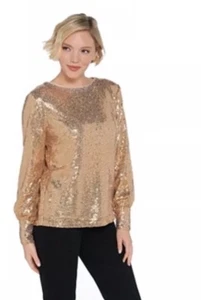 Martha Stewart Sequin Blouse with Blouson Cuffed Sleeves in Gold Size XXS Brand - Picture 1 of 5