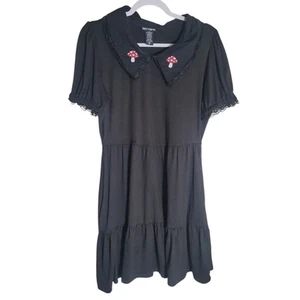 Hot Topic Lace Collared Mushroom Print Dress Size Medium Black Whimsigoth Fairy - Picture 1 of 11