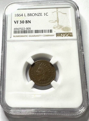 1864 L Variant Bronze Indian Head Cent Coin, NGC VF 30 BN - Image 1 of 4