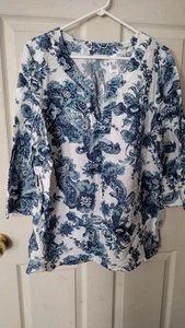 Liz + Co Size XL Blue And White Paisley Linen Blend 3/4 Sleeve Top -New With Tag - Picture 1 of 9