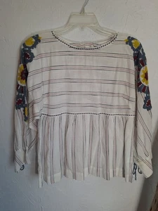 Ivy Jane Embroidered Sleeves Size Medium Bohemian Hippie Peasant Top 100% Cotton - Picture 1 of 4