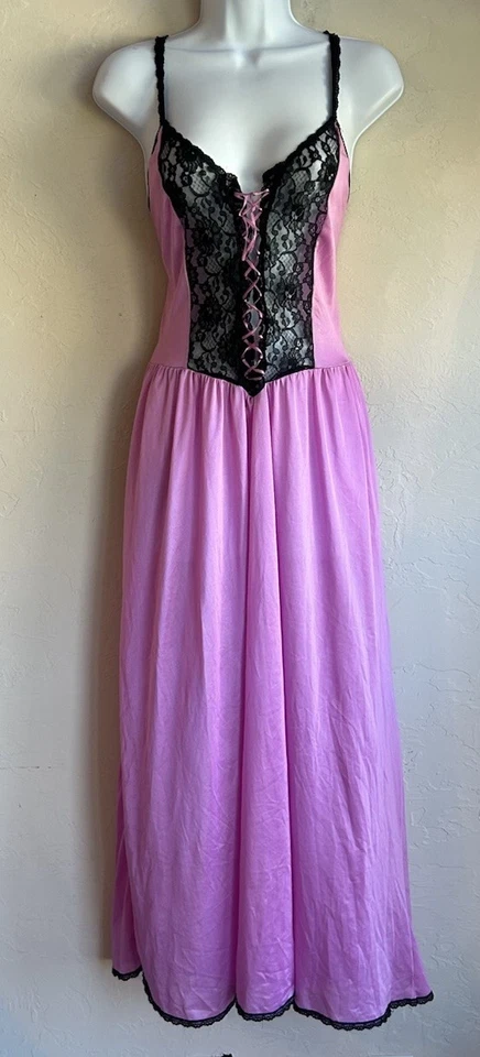 Maxi Vestido Sin Mangas Vintage Años 70 80 Nylon S Corsé Lencería Encaje Rosa Boudoir Gótico Foto 1 de 4