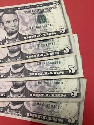 Fancy Serial Number (5) $5 8888 4 In A Row Quad 8888 Lucky 8s . - Image 1 of 4