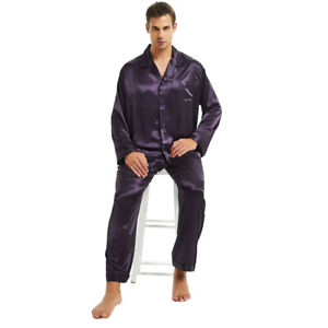 Mens Silk Satin Long Pajamas Lounge Pajamas 2PCS Set Top and Bottom Sleepwear 
