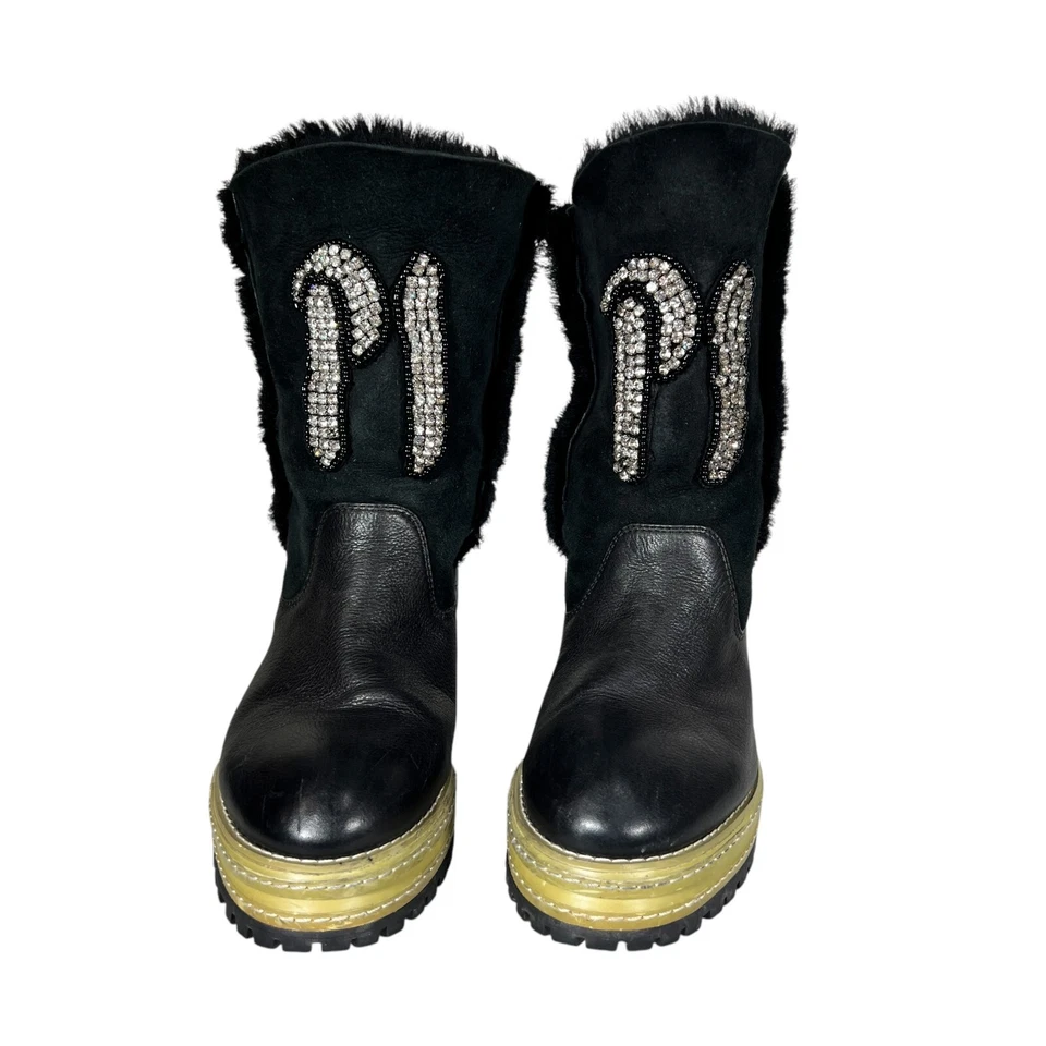 P1 Womens Black Leather Shearling Lining Lug Sole Mid Calf Boots Sz EU38 RARE - Image 1 of 4