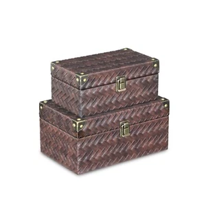 Set/2 Brown Leather Box Handcrafted Braid Woven Storage Jewlery Keepsake Box 10" - Picture 1 of 7