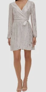 Guess Women's Ivory Foil-Dot V-Neck Belted Long Sleeve Dress Size 4 - Picture 1 of 3