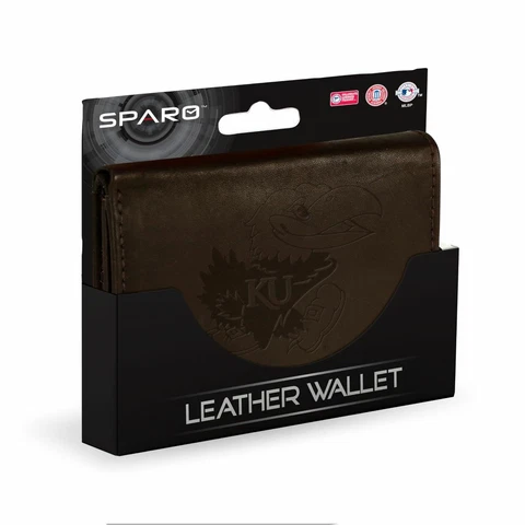 Kansas Jayhawks NCAA Distressed Look Embossed Logo Brown Leather Trifold Wallet Cover