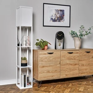 Lampada da pavimento in legno bianco con ripiani mensola standard luce soggiorno - Foto 1 di 15