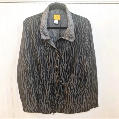 Ruby Rd. Black & Metallic Silver Zebra Stripe Snap Button Jacket Women's Size 16 - Image 1 of 4