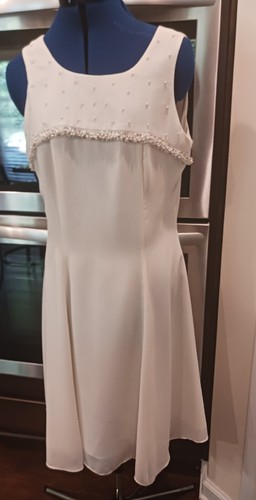 Abito da cocktail vintage Celine New York London bianco con perline senza maniche...