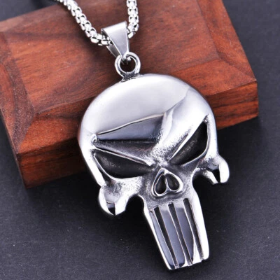 Gothic Punisher Skull Pendant Necklace Biker Chain Punk Hip Hop Stainless Steel  - Image 1 of 4