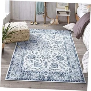 Washable Rug, Boho Large Area Rug Stain Resistant Non-Shedding 5x7 Dark Blue - Picture 1 of 8
