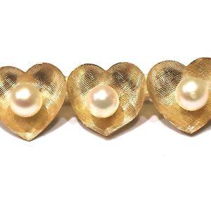14k yellow gold 3 heart pearl pendant pin brooch estate vintage antique pendant