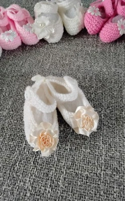 Hand Knitted Mary Jane Ivory with Rosettes Shoes - Image 1 of 2