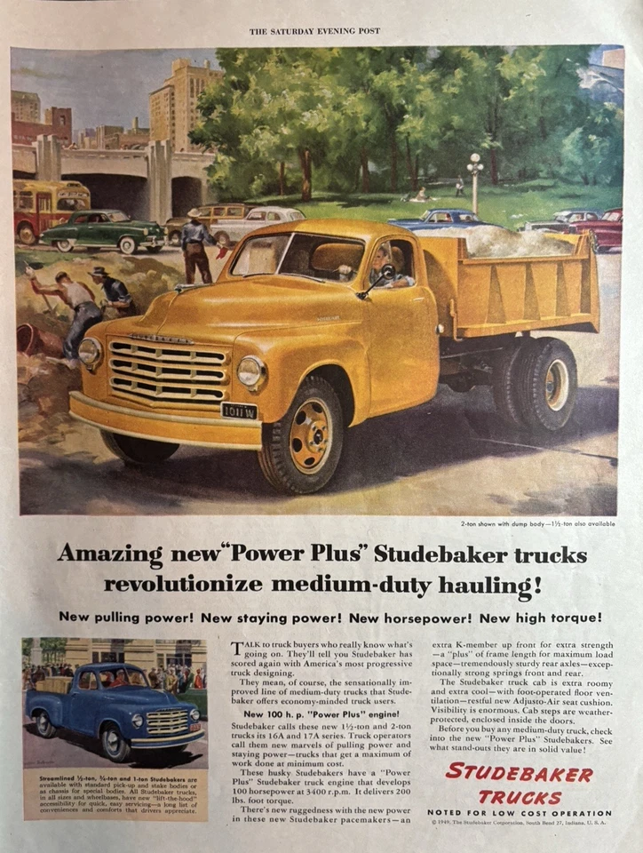 1949 Studebaker Trucks Power Plus 2 Ton Dump Body Medium Duty Vintage Print Ad - Image 1 of 1