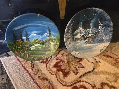 Vintage 2 Hand Painted Metal Bowls Alaska Winter/Spring Log Cabin 1 Signed - Image 1 of 4