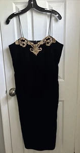 Cachet by Bari Protas Dress Vintage Retro Sweetheart Neckline Black Velvet Gold - Picture 1 of 8