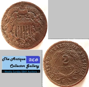 1864 US Copper Two Cent Piece 🪙 Civil War Era 🪙Antique🪙B - Picture 1 of 6