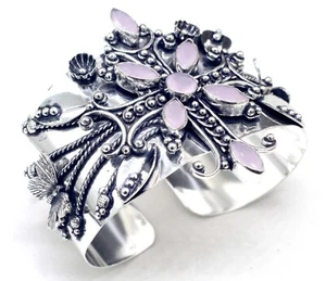 925 Sterling Silver Rose Quartz Gemstone Handmade Jewellery Cuff Bracelet S-ADJ - Picture 1 of 9