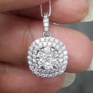Steal Deal! 0.80 CTW Genuine Cluster Diamond Cushion Halo Pendant Charm 14K Gold - Picture 1 of 12